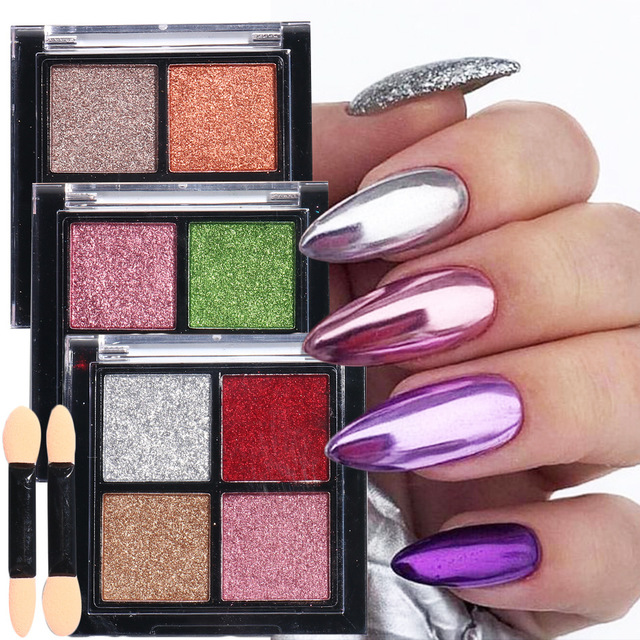 4 colors/set Laser Nail Glitter Powder Set Solid Chrome Holographic Pigment Metallic Manicure Decoration with Brush