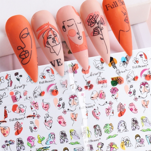 10Pcs/pack Abstract Face Line Nail Foils Stickers Girl Flower Leaves Transfer Paper Tattoo Decoration Manicure Wraps 
