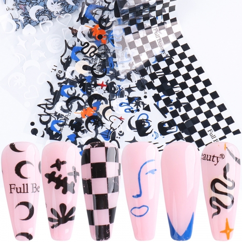 10Pcs/pack Kids Manicure Transfer Foil Decals Black Fire Moon Abstract Star Nail Design Adhesive Decals