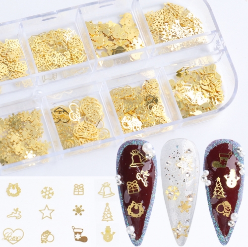1box Christmas Gold Metal Heart Snowflake Hollow Nail Art Decorations Mix Glitter Jewelry Accessories 