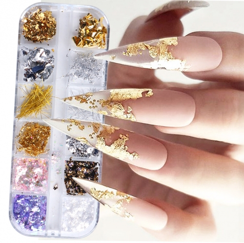 12 Grids/box Nail Glitter Flake Mix Gold Silver Opal Holographic Sequins Nail Art Decoration Chrome Sequins Winter Manicure