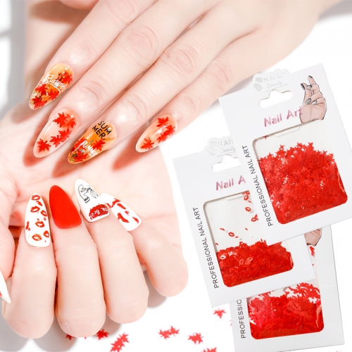 1bag Bright Red Series Maple Flower Leaves Butterfly Decoration Slice Nail Art Sequins 