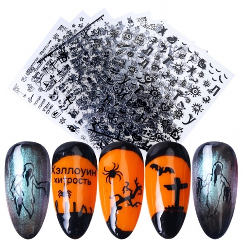 1 Pcs Cute Halloween Nail Art Stickers Spider Bat Witch Ghost Skull Design DIY Self-adhesive 3D Nail Decals Decoration