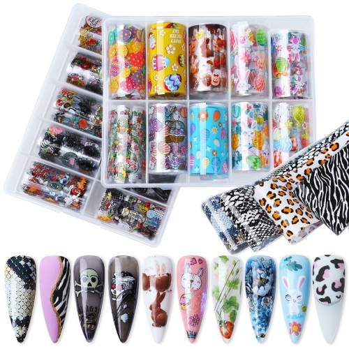 10 Rolls/box Punk Leopard Nail Art Transfer Paper Rabbit Flower Nails Stickers Snakeskin Designs Mixed Decal Manicure Decoration