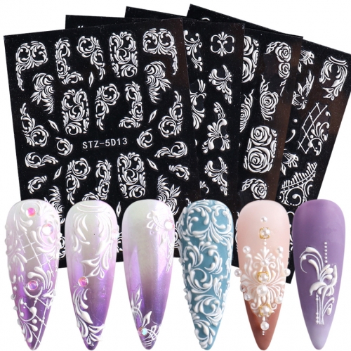 1 Pcs 5D White Lace Acrylic Flowers Nail Art Sticker Decal Embossed Wedding Design Adhesive Polish Slider Charms Manicure 