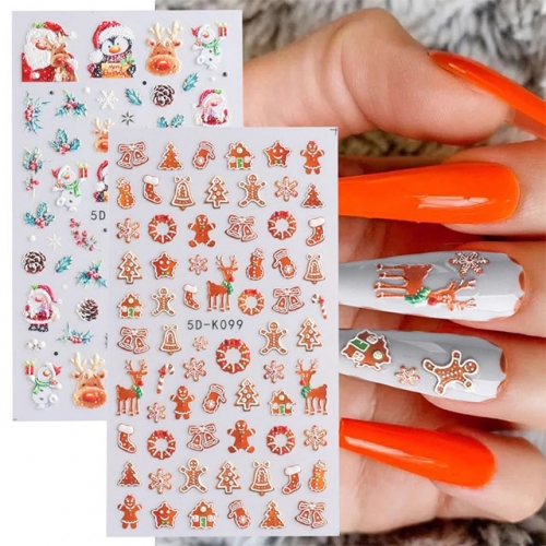 1 Pcs Merry Christmas 5D Nail Sticker Slider Snowflakes Santa Birds Cartoon Embossed Decal Nail Art Polish Decorations 