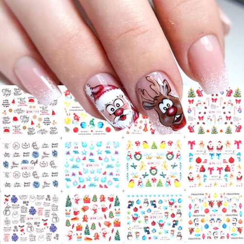 12 pcs/set Christmas Winter Nail Decals Water Stickers Snowman Santa Deer Letters Nail Art Decorations Sliders Manicure