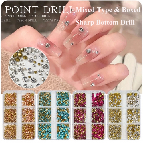 6 Grid/Box New Multi-Size Nail Art Rhinestone Gold Clear All Color Pointed Bottom Mixed Shape DIY Nail Art 3D Decoration