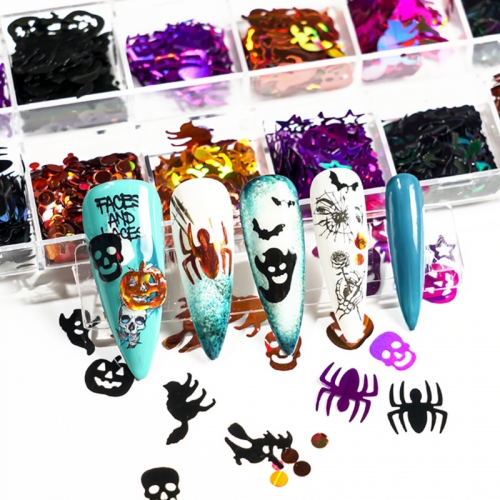 1 Box Halloween Nail Sequins Jewelry Eye Makeup Face Jewelry Pumpkin Witch Ghost Sequins Glitter Powder