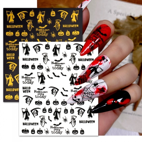 9 Pcs/Set 3D Nail Stickers Bronzing Two-Color Halloween Ghost Skull Bat Nail Art Sliders Manicure Polish Decorations 