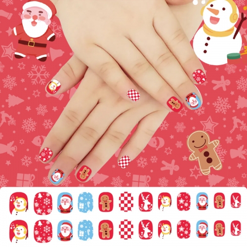 24 Pcs/set Snowflakes Snowman Winter Christmas Design Nail Tips Kids Child Press On Nails