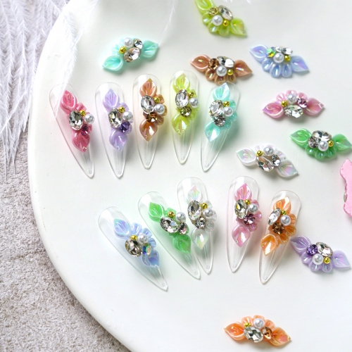 5pcs/set 3D Nails Flower Acrylic Nail Art Trendy Charms Rhinestones Carved with Crystals Press on Nails Butterfly Pearls Decoration