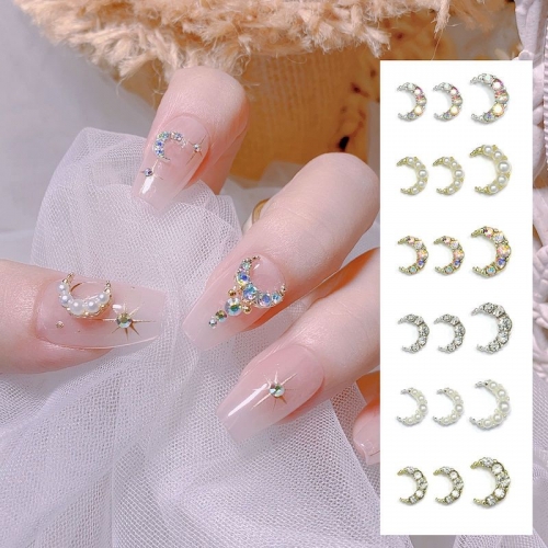 1 Box Multi-Size Crescent Moon Pearl Inlaid Diamond Nail Art Decorations Crystal Diamond Glitter Metal Nail Beauty