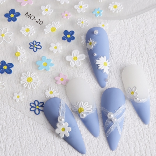 1Pcs Embossed Flowers Nail Art Sticker Colorful Daisy Floral  Spring Summer Nail Decoration 