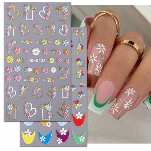 1Pcs Embossed 5D Flowers Nail Art Sticker Colorful Daisy Florals Spring Summer French Style Nail Art Decal