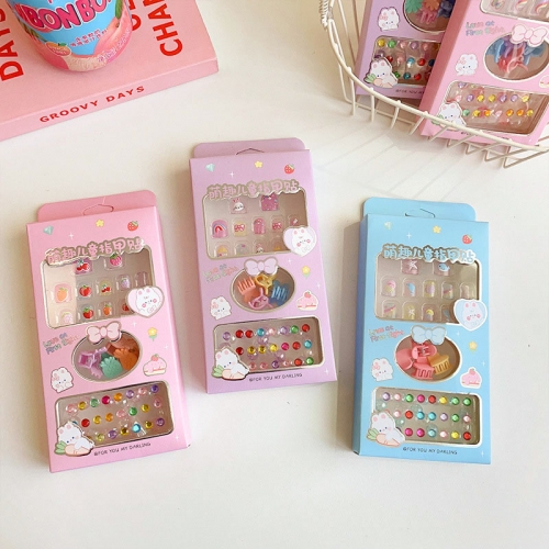 1Box Candy Fruit Pink Child Nail Tips Kids False Nail Girls Cartoon Press on Nails En Gros with Rubber Band