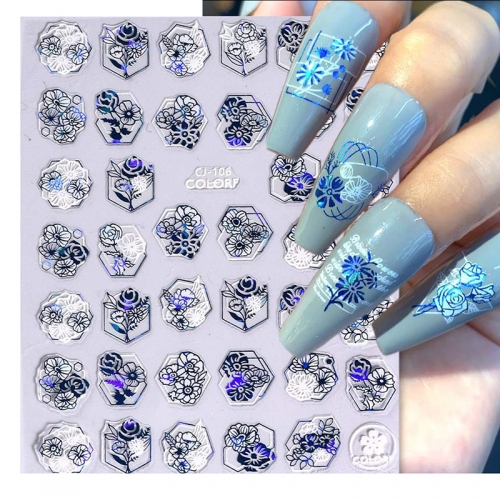 9pcs/set Laser Nail Sticker Blue Flowers Tulips Peony Camellia Nail Art Sticker Nail Decal