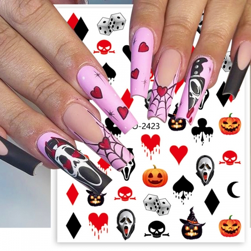 1 Pcs Halloween Nail Stickers Cartoon Skull Pink Pumpkin Poker Nail Backglue Decals