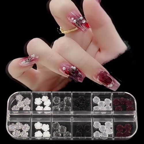 1box Camellia Nail 3D Dark Black Rose Flower Decoration Nail Accessories