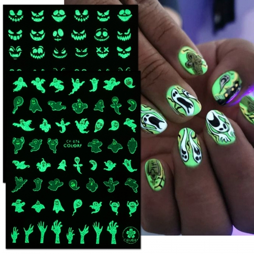 1 Pcs Halloween Nail Decals Luminous Nails Fluorescent Glow In The Dark Skeleton Phantom Cartoon Nail Art Sticker