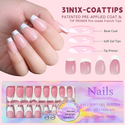 150 Pcs/Set Charming French Ballet Wearable Fake Nail Tips Press On Nail Seamless Removable Wearing Reusable Full Cover Nail TipP