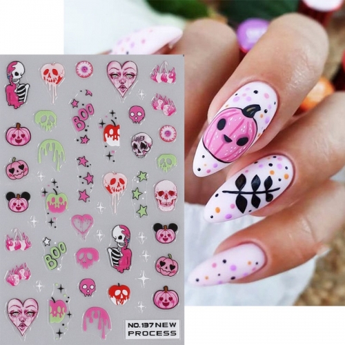 1Pcs  Embossed Halloween Nail Art Stickers Skull Pumpkin Nail Silder Ghost Bat Spider Web Anime Decals Engraved Manicure Decoration