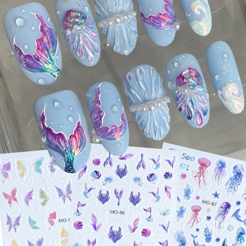  1Pcs Blue Mermaid Tail Embossed Nail Stickers Jellyfish Shellfish Dreamy Ocean Animal World Nails Design Summer Sea Manicure Decor