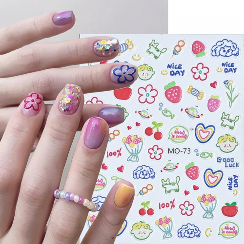 1pcs Summer Dopamine Cartoon Nail Stickers 5D Embossed Nail Anime Girl Flowers Bears Butterfly Decals Kawaii Charms Manicure