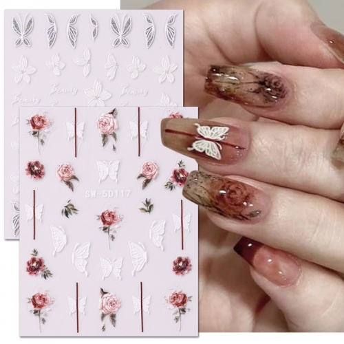 1Pcs Vintage Rose Nail Stickers Watercolor Flower Plants Butterfly Nail Charms Manicure Decorations