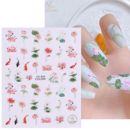 1pcs 3D Nail Stickers Watercolor Flowers Bamboo Leaf Sliders Moutain Crane Birds Decals Letters Manicure Foils