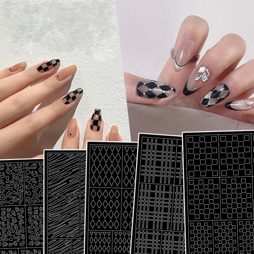 1PCS Nail Stickers French Hollow Stickers For Nails Leopard Zebra Rhombus Print Template Slider Press On Nails Art Decorations