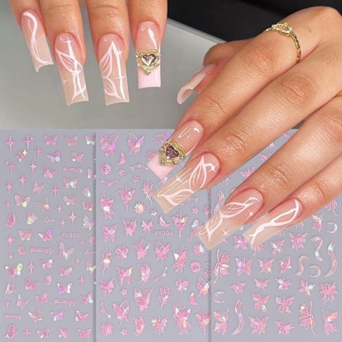 1 Pcs Aurora Laser Butterfly Nails Stickers 3D Butterflies Four Pointed Stars Manicure Decals Nail Sticker
