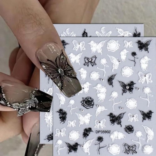 1pcs Exquisite Black White Butterfly Rose Design Nail Art Stickers Self Adhesive Transfer Nail Decorations Slider Decals DIY