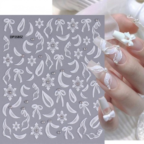 1pcs Bow Nail Art Stickers Ribbon Bow White Dot Diamond Pearl Chain Adhesive Transfer Nail Decorations Slider Decal