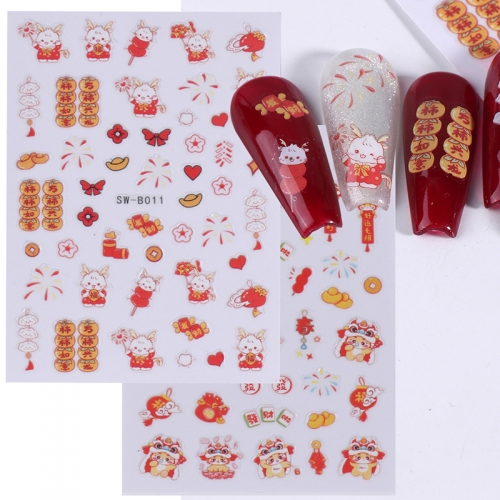 1 Pcs Chinese Style 3D Back Glue Nail Stickers Lucky Cat and Gold Ingot Cartoon Perfect New Year and Nail Art Nail Sticker