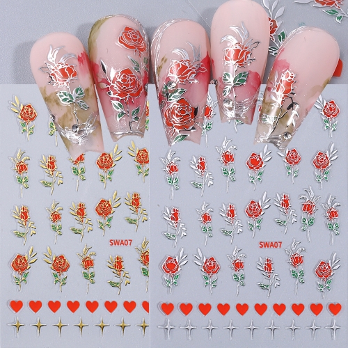1 Pcs 3D Valentines Day Rose Nail Art Stickers Gold Silver Rose Flower Heart Stars Nail Decals Nail Sticker