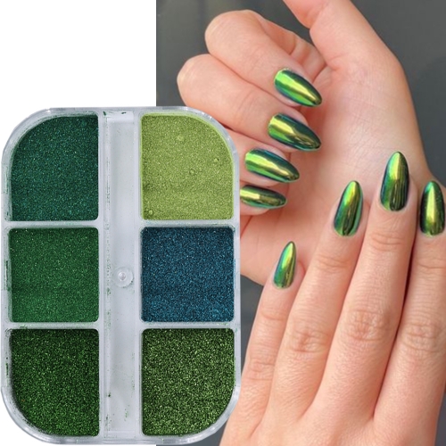1 Box 6 Grids Green Magic Mirror Nail Glitter Powder Spring Charm Manicure Decor Nail Powder