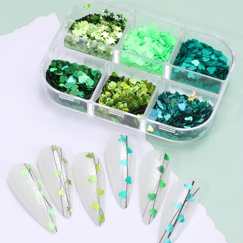 1 Box Green Nail Glitter Love Heart Stars Design Flakes Charms Manicure Decor Supplies Nail Accessories