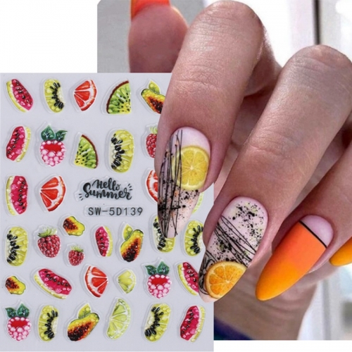 1Pcs 3D Fruit Nail Polish Sticker Cherry Orange Lemon Kiwi Strawberry Adhesive Sliders Summer Decorations