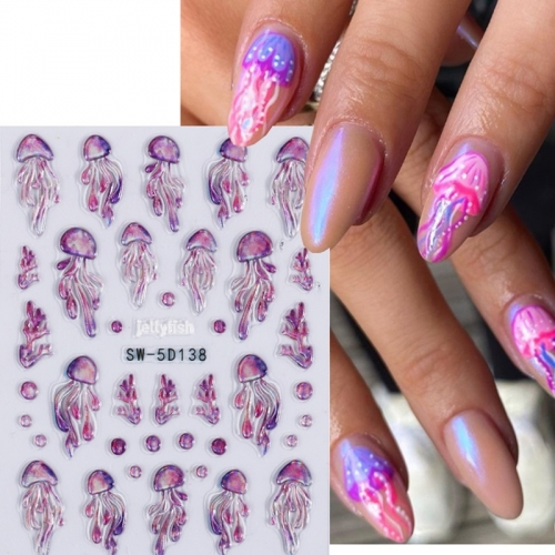1Pcs Sea Animal Jellyfish Nail Stickers Blue Shell Star  3D  Nail Art Sliders Scrub Spring Design