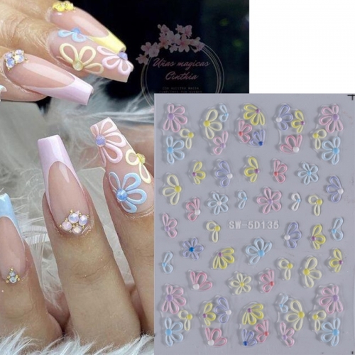 1Pcs 5D Embossed Flower Colorful Nail Stickers Simple DIY Wildflower Sliders Sunflower Daisy Spring Engraved Art Manicure Decals