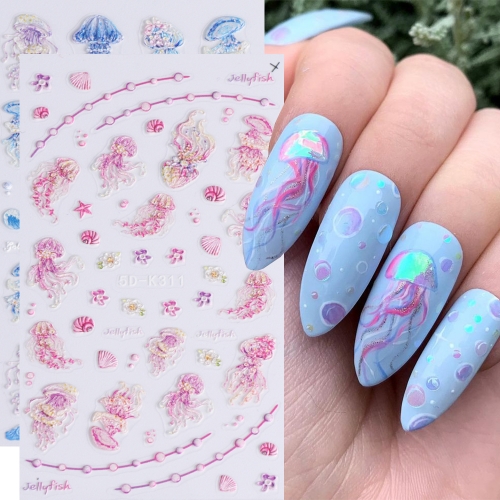 1pcs 5D Jellyfish Nail Art Sticker Summer Shell Jelly Holographic Mermaid Tail 3D Nail Decals Decorations Manicure for Nail Stickers