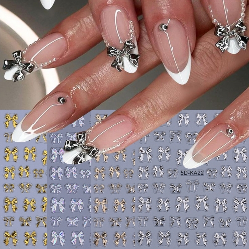 1Pcs 5D Embossed Metallic Bow Stickers for Nails Fashion Cartoon Golden Silvery Bowknot Adhesive Nail Decals Nail Sticker