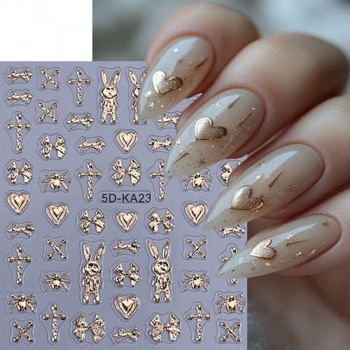 1Pcs 5D Laser Nail Art Stickers Self-adhering Silvery Bear Bows Crosses Heart Pattern Nail Decals Manicure Decoration Nail Sticker