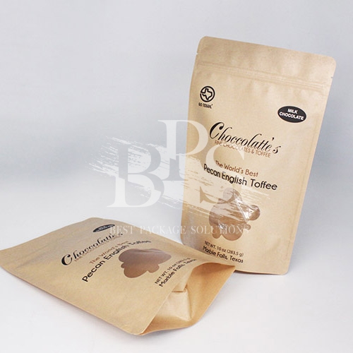 Customized Shaped Window Kraft Paper Pouch In Water Based Ink Flexo Printing