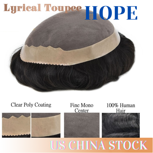Lyrical Toupee Durable Fine Mono Hair System HOPE, Mono Net Center with Tape Attached Poly Coated Around Men's Toupee Slight Wave Indian Human Hair