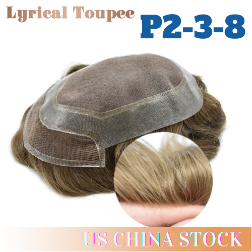 Lyrical Toupee Durable Fine Mono Hair System P2-3-8, Lace Front Tape Attached Clear Poly Around Men's Toupee,32mm Slight Wave Indian Human Hairpieces