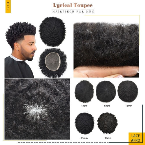 Lyrical Toupee Afro Full Lace Afro Curl Mens Toupee Black Human Hair Front Lace Part Natural Hairline 4mm 6mm 8mm 12mm Curly System Wig for Black Men