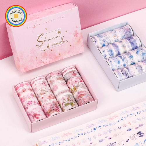 YWJL122 5 Designs 20 Rolles in Floral Plants Printing Girl Hand Account DIY Washi Paper Masking Stickers Tapes Rolls with Gift Box