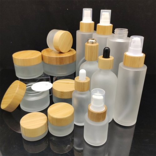 Various Glass Cream Jars Essential Oil Bottles Perfume Lotion Toner Sprayer Pump Bottles with Bamboo Wood Lids
